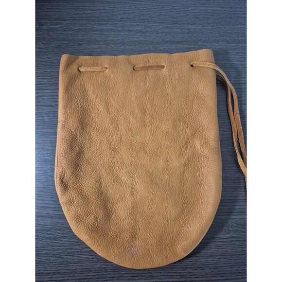 Vintage Genuine Leather Drawstring Pouch Camel Tan Color With Wooden Bead Accent - Picture 3 of 16